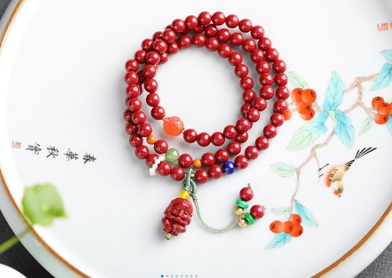 新款美貨 天然原礦硃砂精品紅砂三圈手鏈 吊墜象神 - 手鍊/手環 - 寶石 