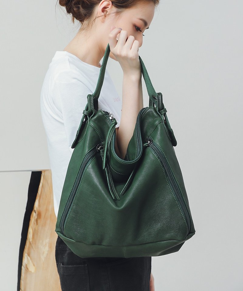 Hand shoulder leather bag - Messenger Bags & Sling Bags - Genuine Leather Green