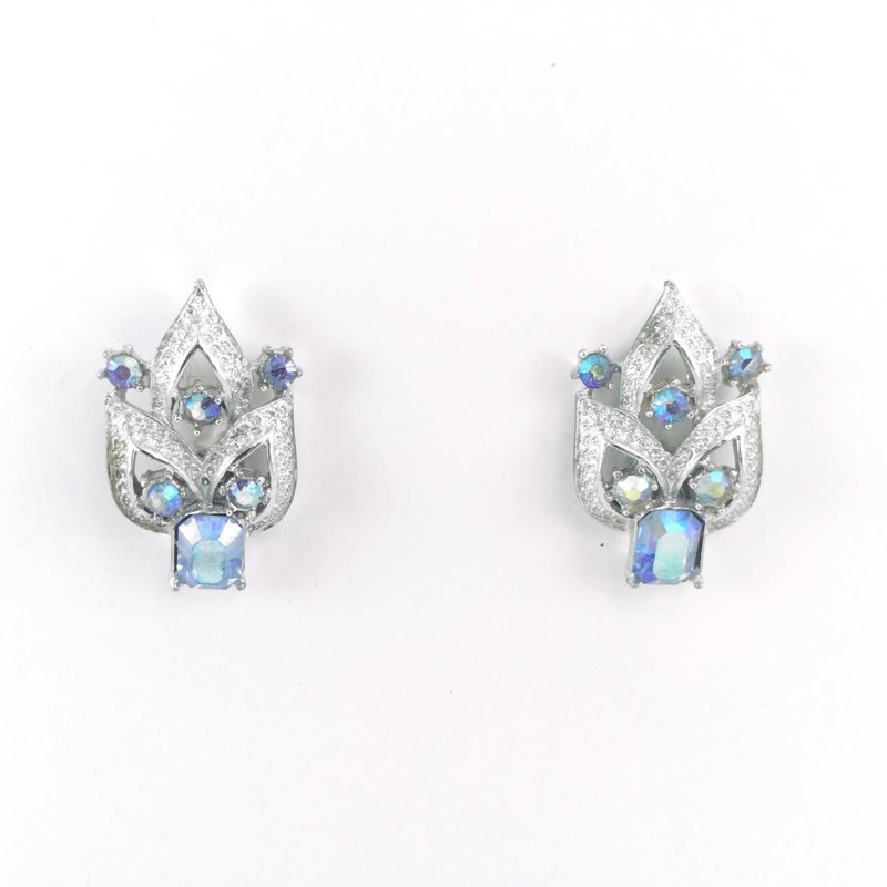 Vintage Blue Aurora Borealis Rhinestone Earrings - ต่างหู - เครื่องประดับ 