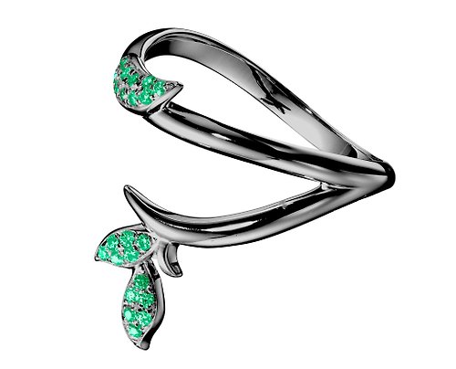 Majade Jewelry Design 密釘鑲祖母綠14k金結婚戒指 另類植物訂婚戒指 非傳統樹枝戒指