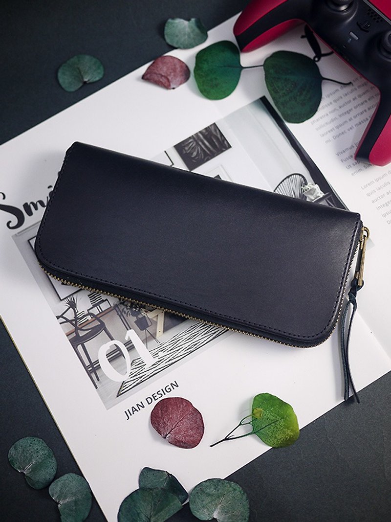 [Mother's Day] Silence is dark. Vegetable tanned long clip/wallet/wallet/coin purse - กระเป๋าสตางค์ - หนังแท้ สีดำ