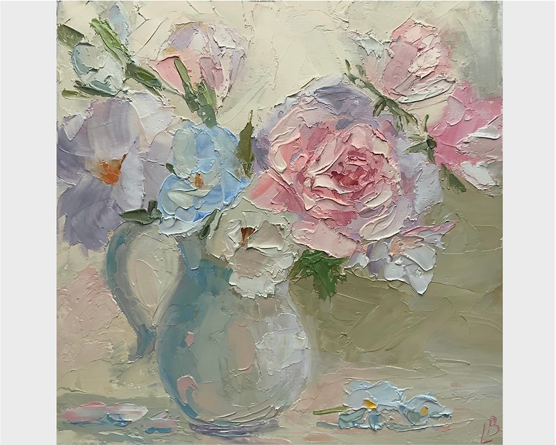 Flowers oil painting Bouquet of roses Still life Impressionism Decorative panels - Wall Décor - Other Materials Pink