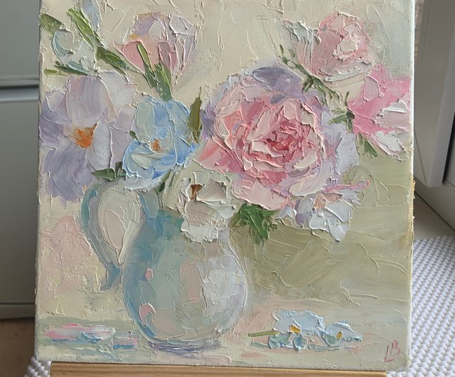 Still online life painting with bouquet of flowers oil on panel