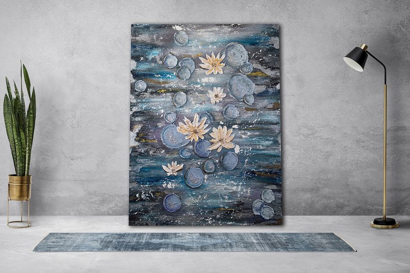 Abstract original textured painting in blue colors from the artist, water lilies - 壁貼/牆壁裝飾 - 壓克力 藍色