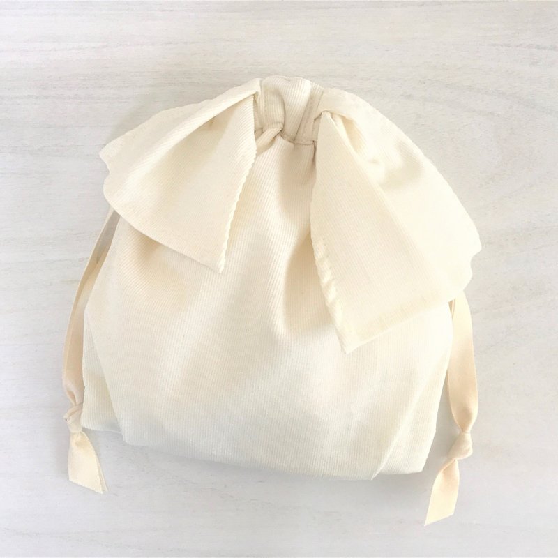 Light Corduroy Asymmetry Ribbon Drawstring Pouch Milky White - Toiletry Bags & Pouches - Cotton & Hemp White