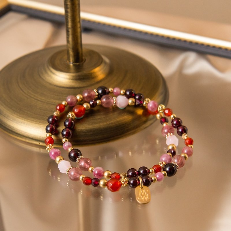 Grandmother's Dowry // C1238 Red Pomegranate Heart Double Circle Bracelet - Bracelets - Gemstone 