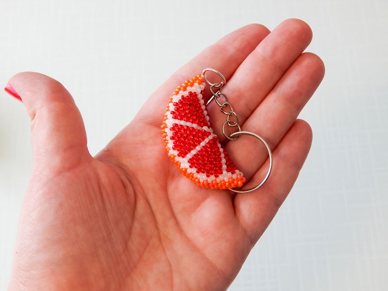 Fruit keychain. Red beaded key holder. Beaded grapefruit slice keychain. - Keychains - Other Materials Multicolor