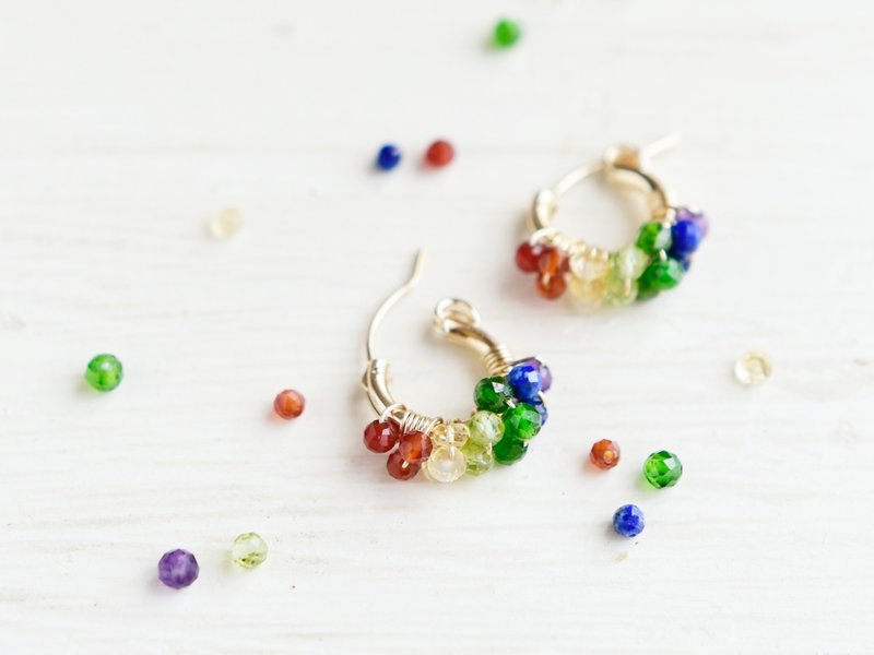 夏限定【14kgf フープピアス】虹色　七色　カラフル　レースフープ　フープピアス - 耳環/耳夾/耳骨夾 - 半寶石 多色