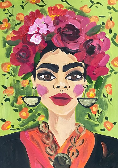 Gala 美女 Frida Kahlo 女人肖像 原始水粉畫在紙上 野獸派藝術 墨西哥