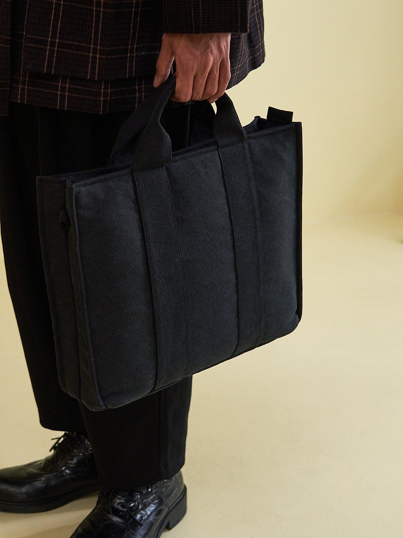 Heavyweight washable canvas laptop bag portable / side back commuter briefcase waterproof shock-absorbing charcoal black - อุปกรณ์เสริมคอมพิวเตอร์ - ผ้าฝ้าย/ผ้าลินิน สีดำ
