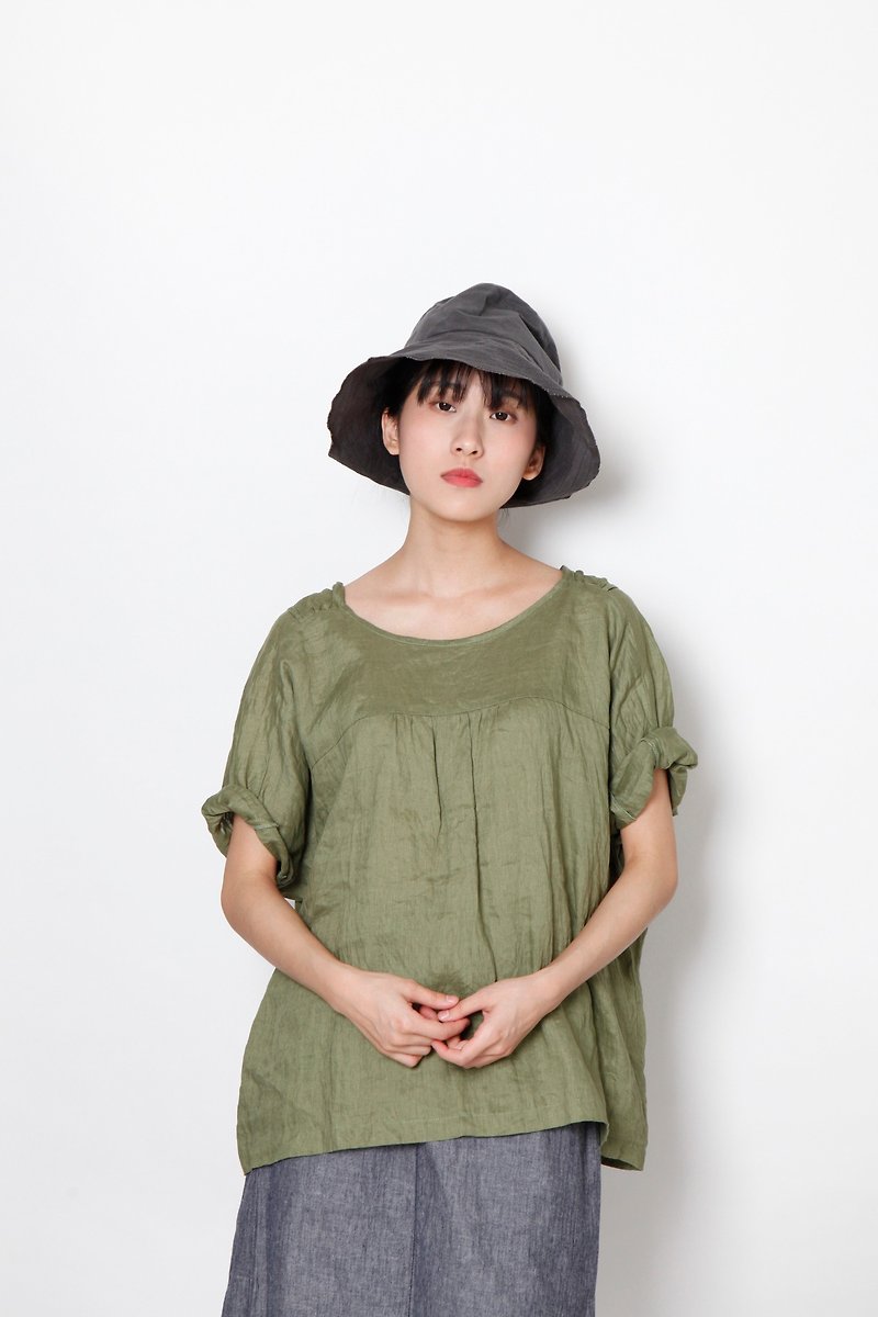 And - Roots and Leaves - Rear Bandage Loose-Sleeve Top - Women's T-Shirts - Cotton & Hemp Green