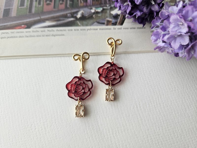 [Love of Roses] Red Rose ~ Painless Clip-On, clip-on earrings, ear hooks - Earrings & Clip-ons - Other Materials Red