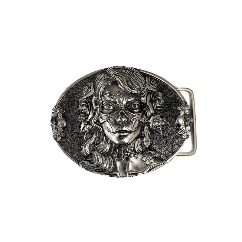 Sugar Skull handmade soild nickel silver belt buckle, Mexican Santa Muerte belt - 腰帶/皮帶 - 其他材質 銀色