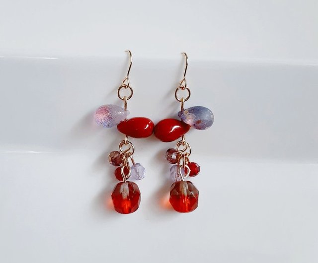 ワニさんと赤いチェコガラスのピアス チェコガラスフラワージュピアス(YELLOW): 『欧州航路』