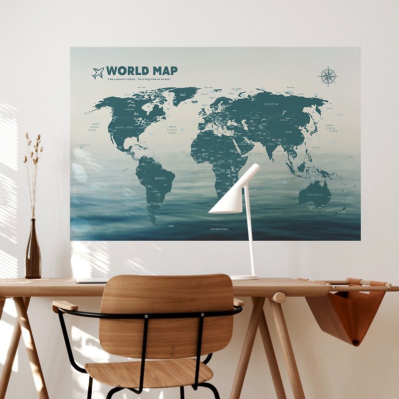 【輕鬆壁貼】世界地圖/平靜水面 - 無痕/居家裝飾 - 壁貼/牆壁裝飾 - 聚酯纖維 