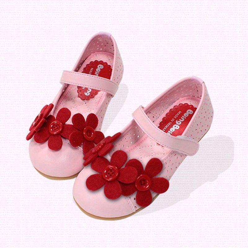 Girl doll shoes w/red flowers - pink - รองเท้าเด็ก - หนังแท้ สึชมพู