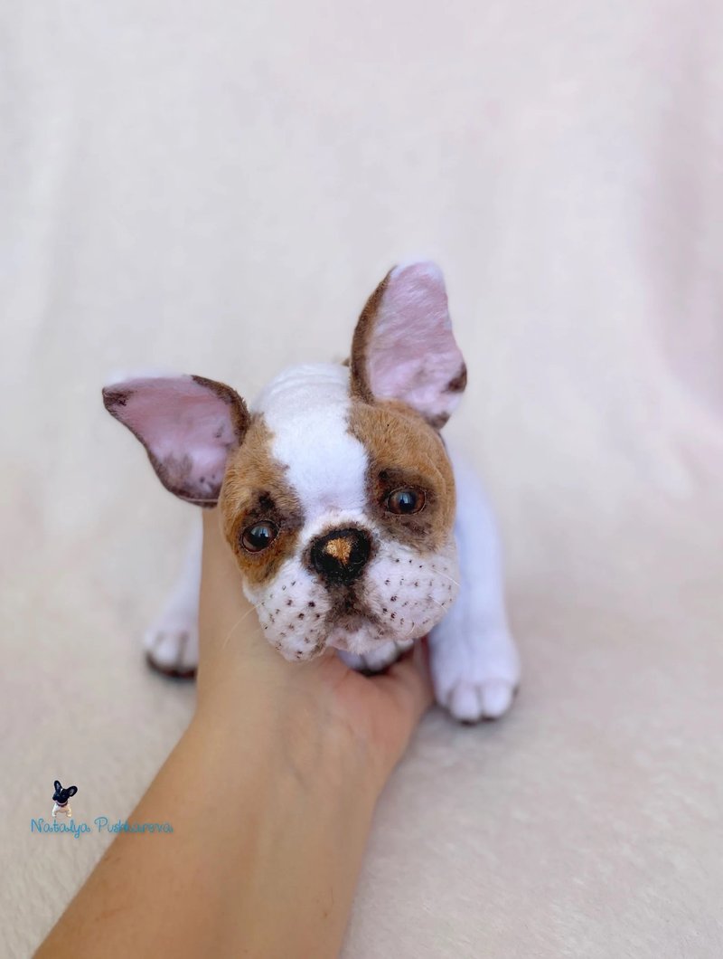 French Bulldogs  white with red spot puppy realistic toy - Stuffed Dolls & Figurines - Polyester White