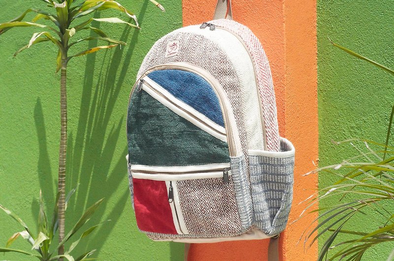 After the hand-woven cotton Linen stitching backpack shoulder bag hand-woven bag - irregular geometric Mondrian - Backpacks - Cotton & Hemp Multicolor