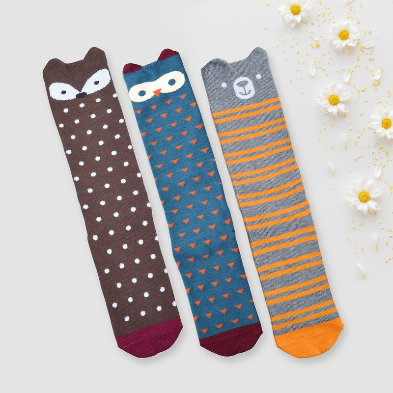 動物家族兒童立體半筒柔棉襪3款各1雙 兒童襪 長襪C款 - 嬰兒襪子 - 棉．麻 咖啡色