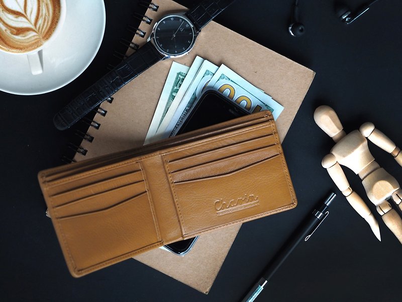 Men purse (Mustard brown) : Leather wallet, Short wallet, light brown wallet - กระเป๋าสตางค์ - หนังแท้ สีกากี