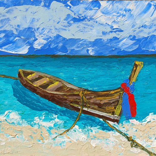 marina-fisher-art Sailboats Painting Longtail Boat Original Artwork Nautical Tropical Beach Ocean