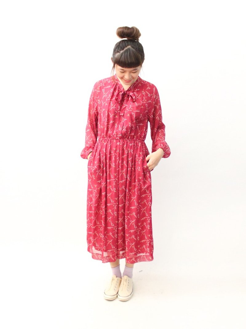 日本のヴィンテージレトロナスジオメトリー細い長袖のヴィンテージドレス日本のヴィンテージドレス - ワンピース - ポリエステル レッド