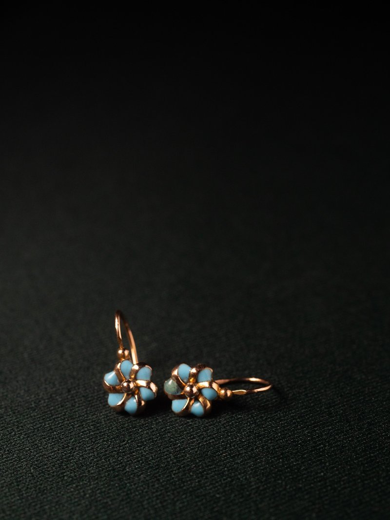 1890s French Sky Blue Enamel Gold Earrings - ต่างหู - เครื่องประดับ สีน้ำเงิน