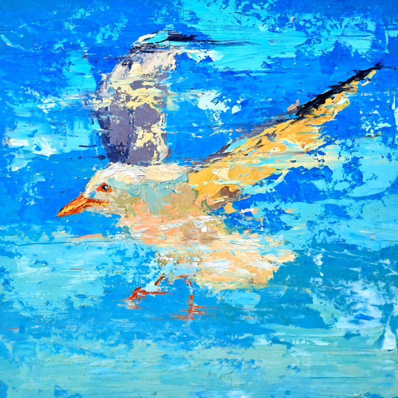 Seagull Oil Painting Bird Original Art Animal Wall Art Kitchen Wall Decor - Wall Décor - Other Materials Multicolor