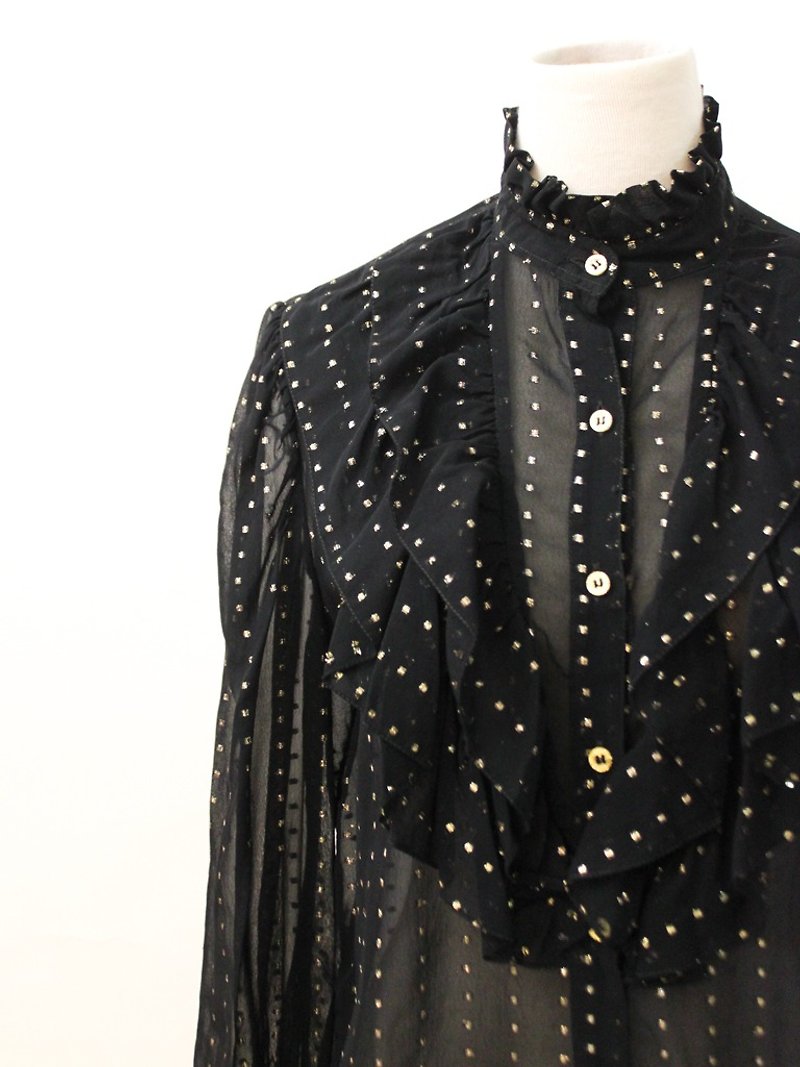 Vintage European French Romantic Glitter Dot Stand Collar Black Long Sleeve Vintage Shirt - Women's Shirts - Polyester Black