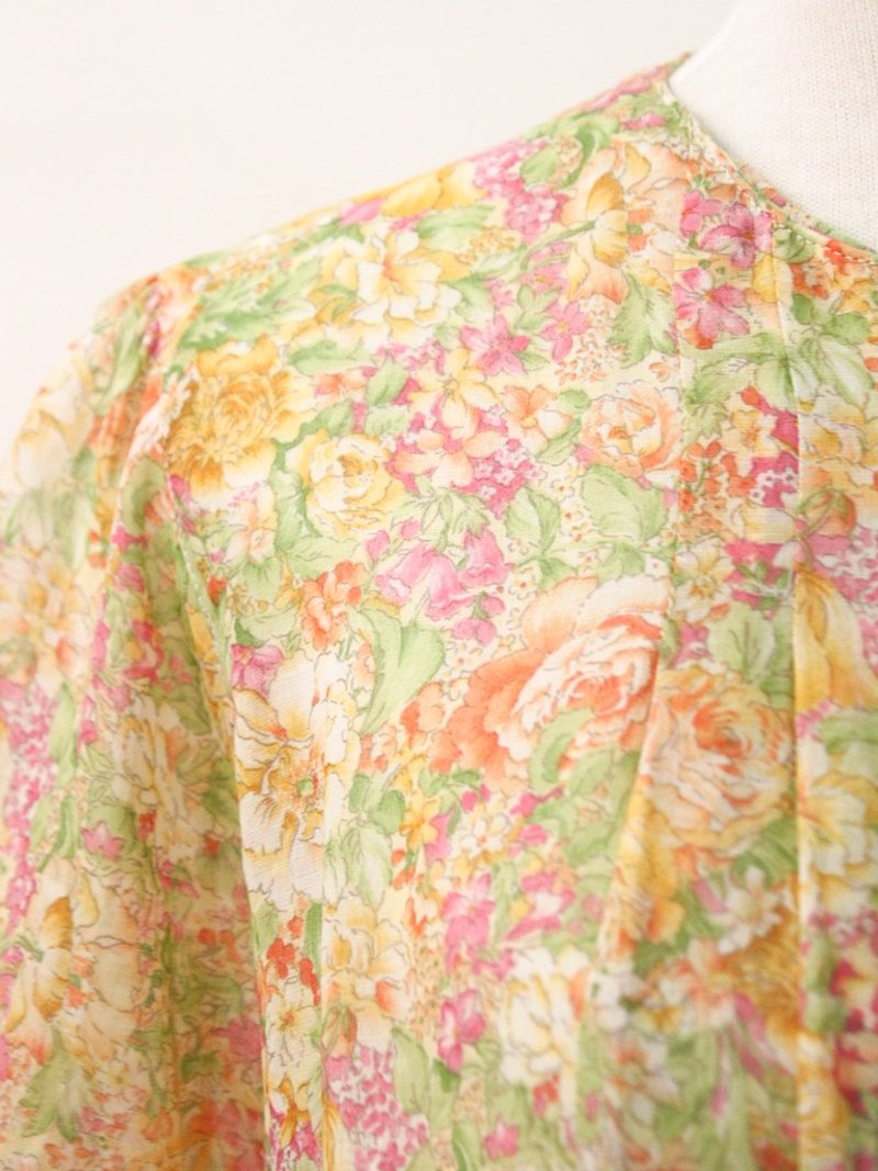Retro Japanese Made Orange Floral Cotton Short Sleeve Vintage Shirt Vintage Blouse - เสื้อเชิ้ตผู้หญิง - เส้นใยสังเคราะห์ สีส้ม