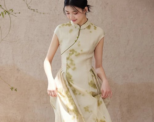 初蟬 霧青影 新中式復古中國風 壓褶收腰改良洋裝