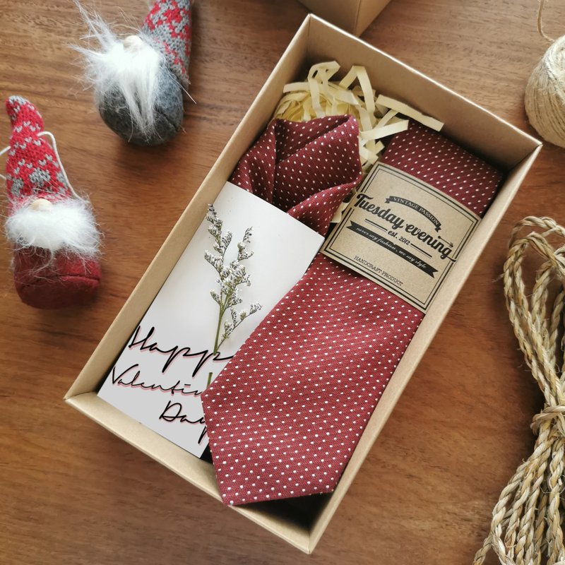 Gift Set - Necktie Red Polka Dot with pocket Square - 領帶/領帶夾 - 棉．麻 紅色
