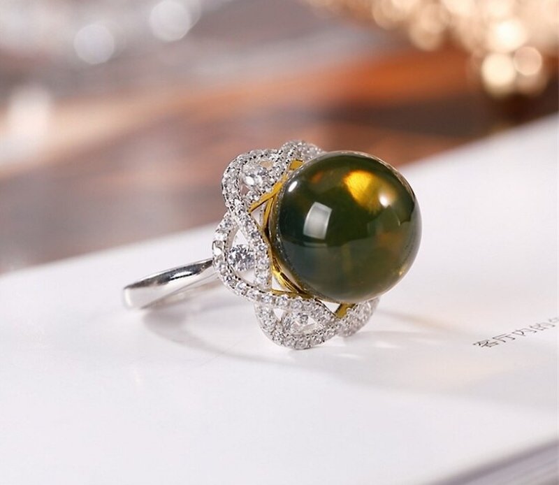 Sparkly Crystals Flower Rings for Women Natural Blue Perot Amber Rings Elegant - 戒指 - 純銀 銀色