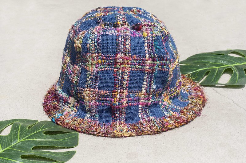 手工編織 手織棉麻帽 手工鉤織漁夫帽 遮陽帽 拼布帽手工帽-彩虹 - 帽子 - 棉．麻 藍色