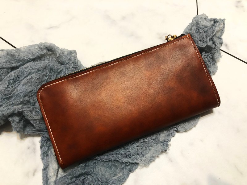 【客製化禮物】L型拉鏈長夾錢包   真皮全手縫  手工染色 - 錢包/皮夾/長短夾 - 真皮 