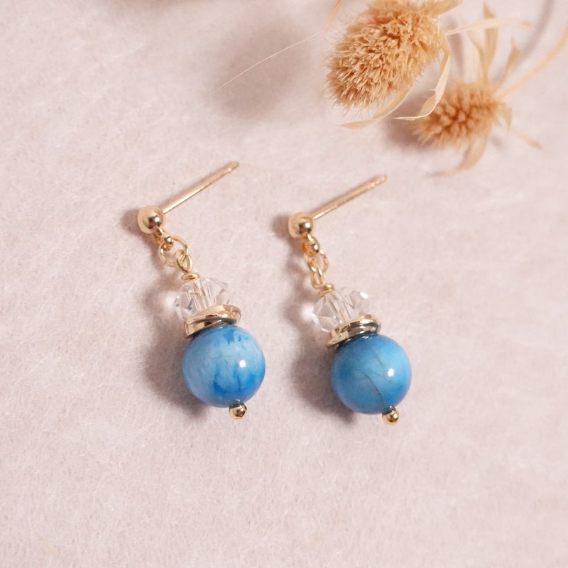 Cat's Eye Blue Apatite Crystal Earrings│Blue Stone White Crystal Natural Stone Earrings Clip On Earrings - ต่างหู - คริสตัล สีน้ำเงิน