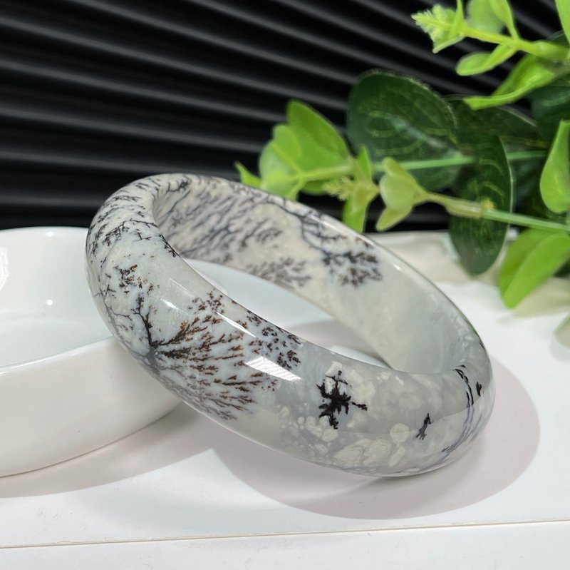 和田玉水墨丹青手鐲59+MM 灰白國畫風青花料玉手環 附證書 瓷度高 - 手鍊/手環 - 玉石 