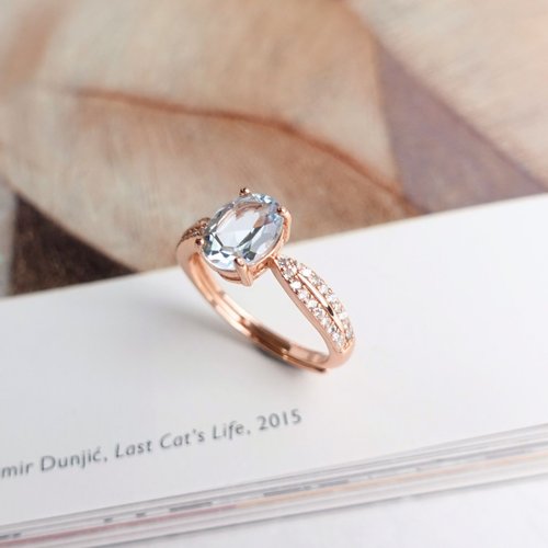 NOW jewelry 1.5克拉 天然託帕石 甜美瑞士藍 晶體乾淨 玫瑰金 純銀戒 禮物
