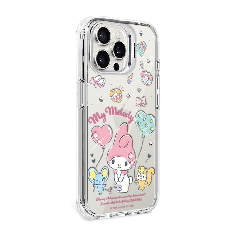 Sanrio iPhone full range of shockproof dual-material invisible stand color diamond phone cases-Outing Melody - เคส/ซองมือถือ - วัสดุอื่นๆ หลากหลายสี