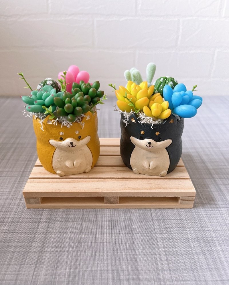 [Simulated clay succulent plant pot] Black and yellow Shiba Inu - Plants - Clay Multicolor