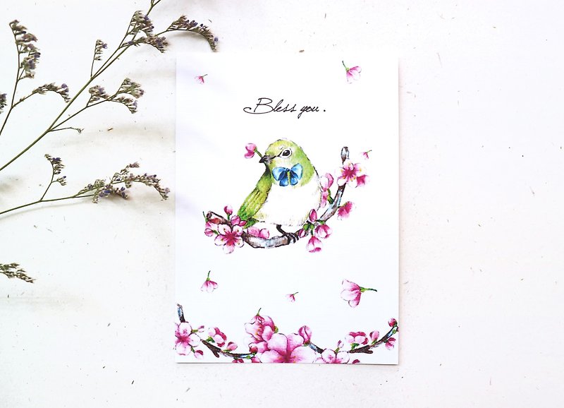 Green embroidered eye and cherry blossom postcard - การ์ด/โปสการ์ด - กระดาษ 