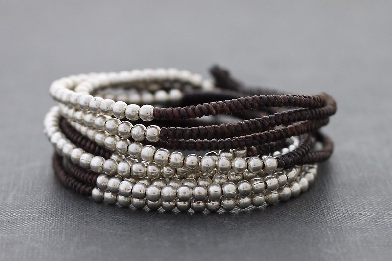Brown Silver Beaded Woven Wrap Bracelets Multi Strand Wrap Bracelets Anklets  - Bracelets - Other Metals Brown