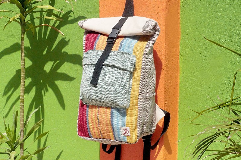 Handmade cotton and linen stitching design backpack / shoulder bag / ethnic mountaineering bag / patchwork bag - Moroccan carpet - Backpacks - Cotton & Hemp Multicolor