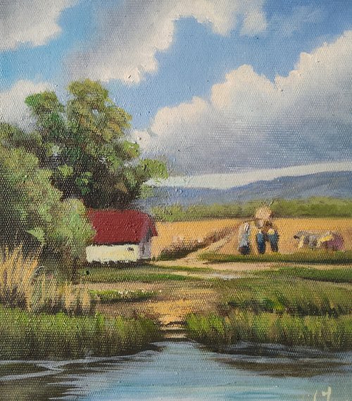 田舎の風景画オリジナルアート RV バンクシーンと家の壁アート