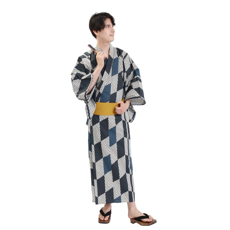 Men's cotton yukata and obi 2-piece set SML size Z32-13B yukata - อื่นๆ - ผ้าฝ้าย/ผ้าลินิน สีน้ำเงิน