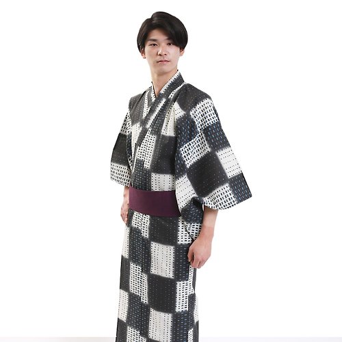 fuukakimono 日本 和服 男士 綿 浴衣 腰封 2 件 套組 S M L Z32-16B