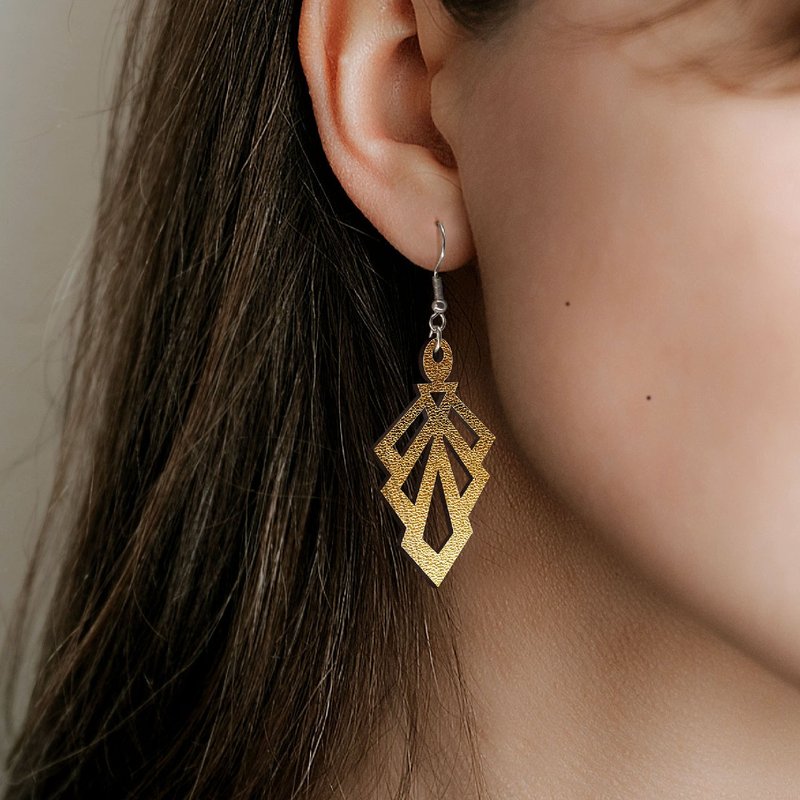 [Gatsby Series] Gatsby ArtDeco Metallic Cowhide Earrings/Earrings - Earrings & Clip-ons - Genuine Leather Gold