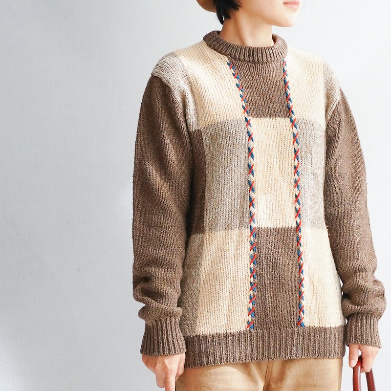 咖啡格子改造復古毛衣古著vintage - 女毛衣/針織衫 - 羊毛 咖啡色