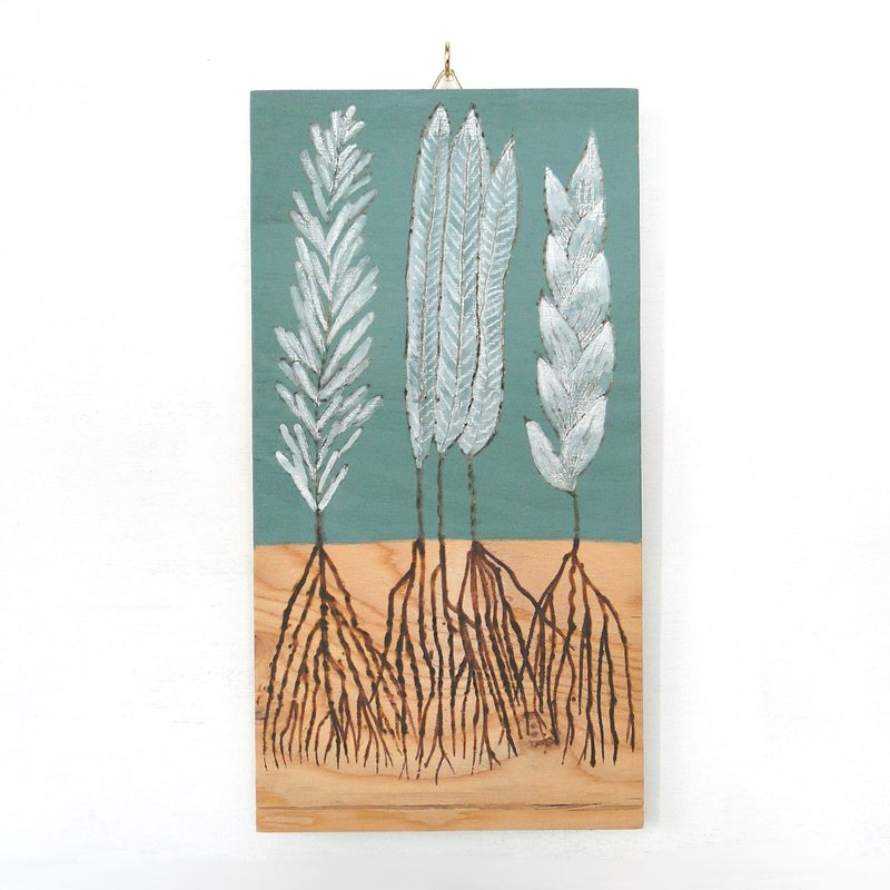 ３種の葉っぱのウッドバーニングアート 原画 絵画 植物の絵 木雑貨 木工 アナログイラスト アクリル画 - 海報/掛畫/掛布 - 木頭 綠色