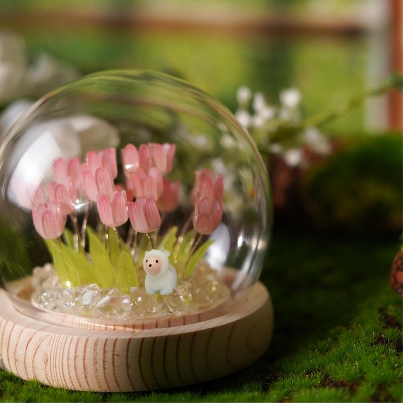 【暖羊下的鬱金香花田小夜燈】母親節禮盒 含鬱金香花束卡片 - 燈具/燈飾 - 植物．花 粉紅色